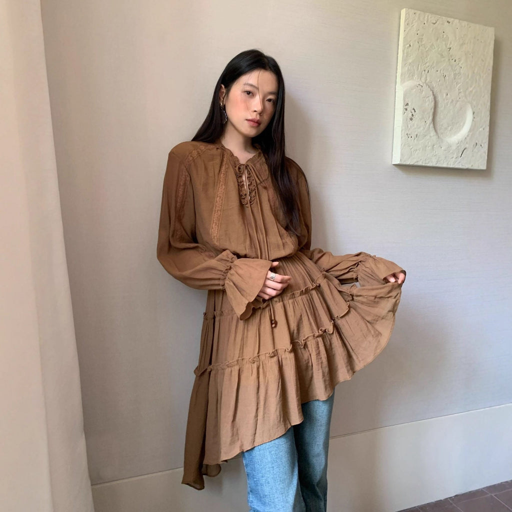 Age reduction temperament irregular beveled hem shirt dress