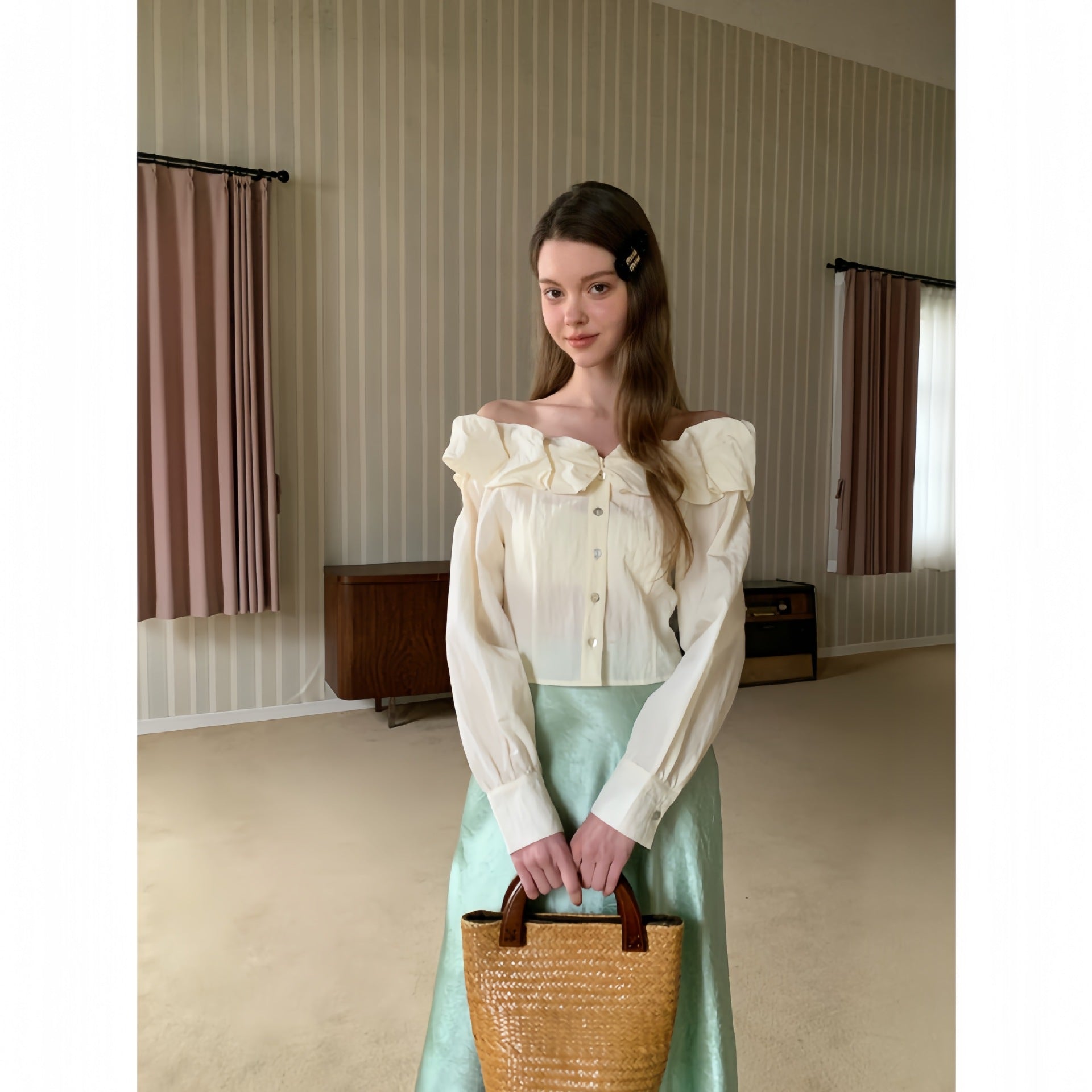 Gentle and fresh age-reducing shoulder Tencel chiffon shirt