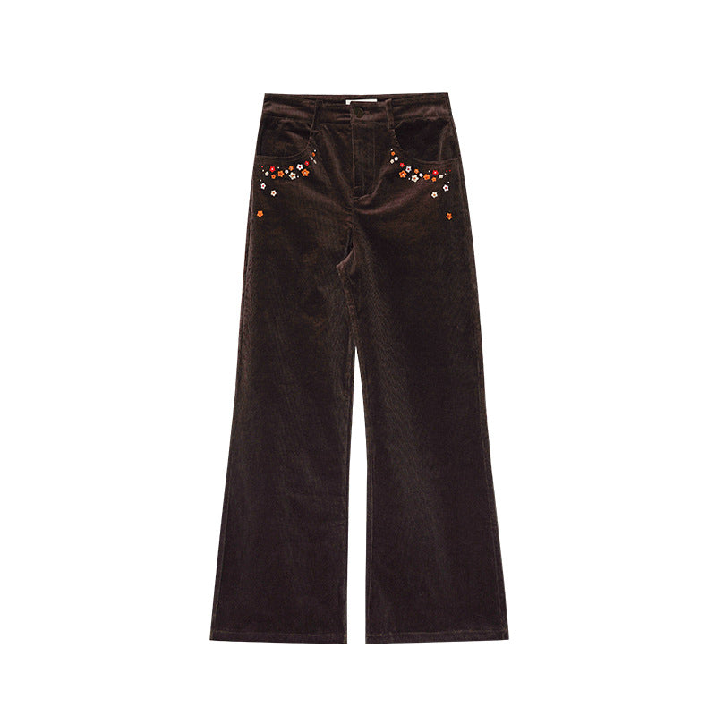 Casual fishtail pants embroidered bagged corduroy micro-pull pants women