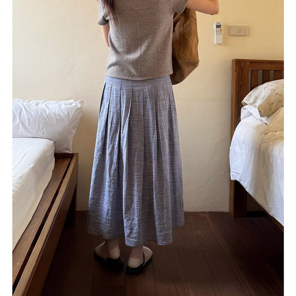 Retro medium and long plaid skirt women's summer new versatile and thin French a word medium and long skirt tide