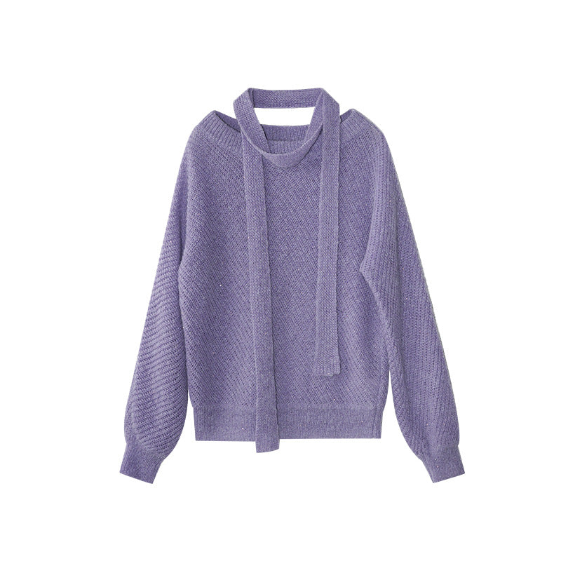 Lazy loose merino wool soft waxy diagonal neck off-the-shoulder sweater women
