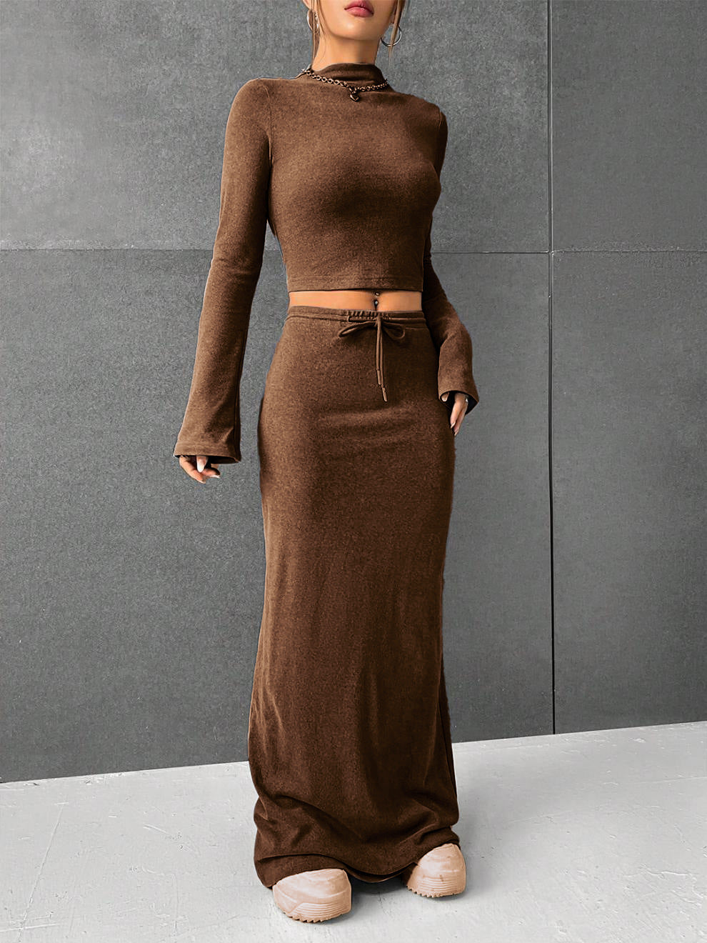 Solid Color Long Sleeve Top & Trousers Set