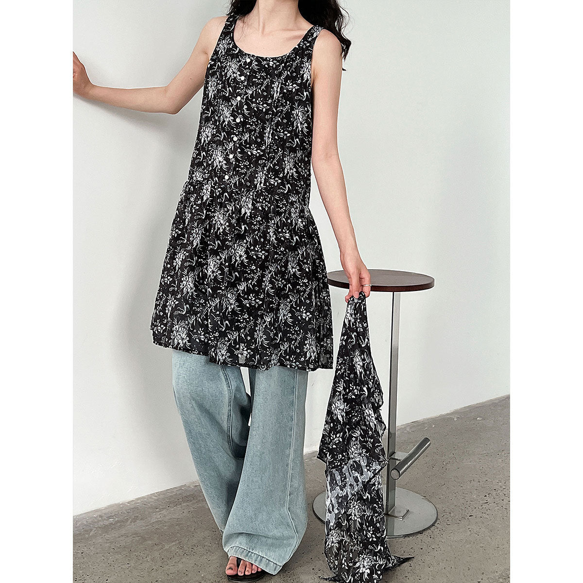 Korean simple floral temperament sundress summer new style with strap waist sleeveless dress