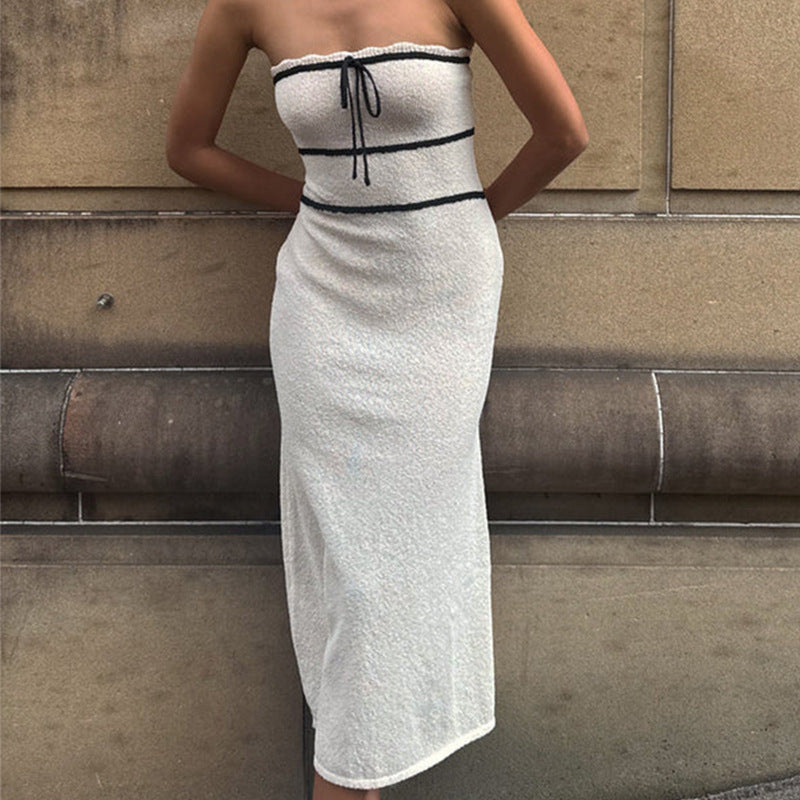 Sexy tube top long dress Spice girl knitted dress color matching design fashion temperament