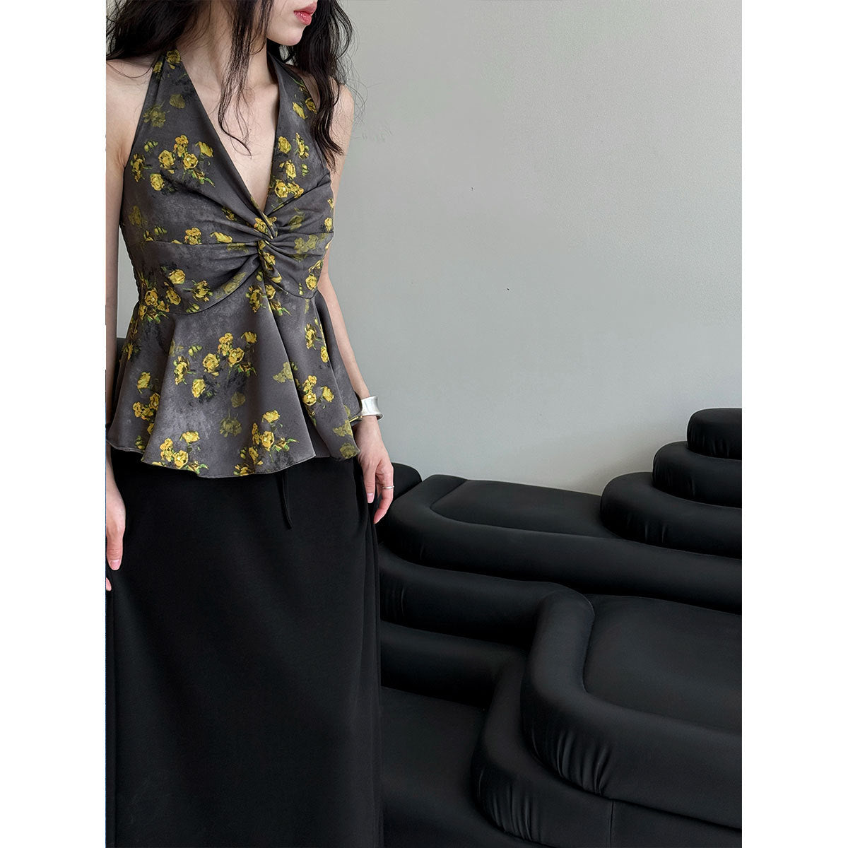 French romantic V-neck floral neck waist shirt women's summer new ruffle edge vest top 3599
