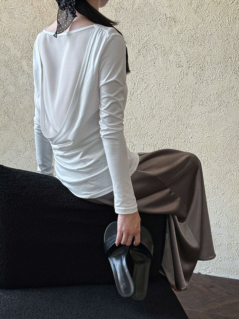 Slightly transparent backless swing collar long-sleeved T-shirt for women