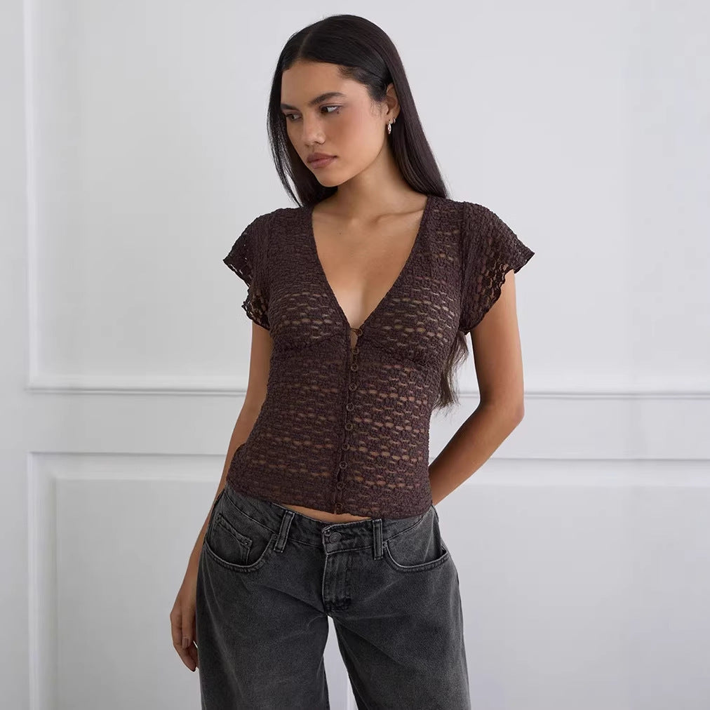 V-Neck Lace Cardigan Women Sleeveless Button-Front Slim Fit Top
