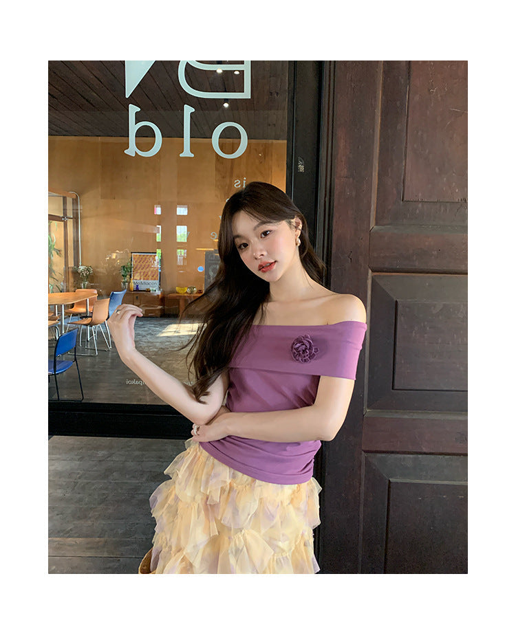Women's Off-Shoulder Lotus-Leaf Sleeve Slim-Fit Cotton Top