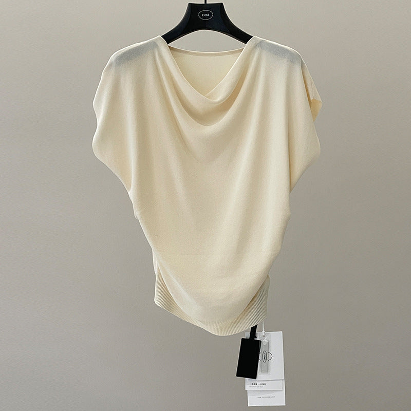 French high-end swing collar knitted shirt spring and summer niche waist ice silk off-the-shoulder top