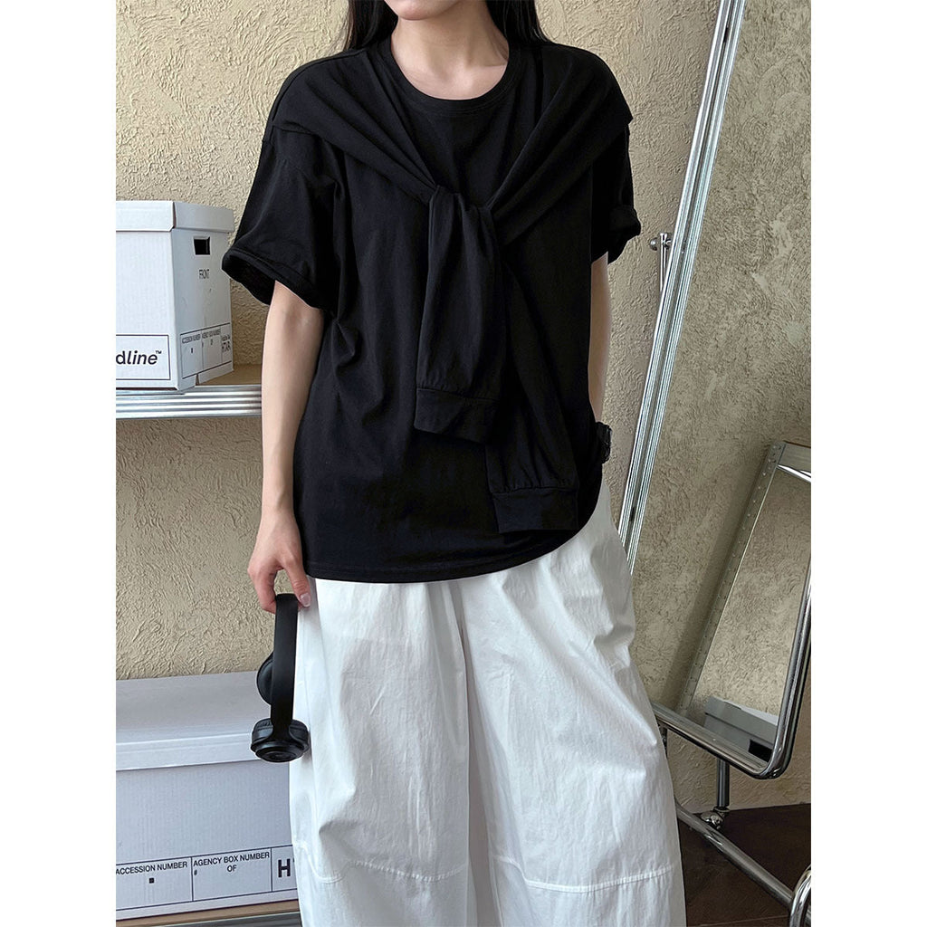 Korean simple fashion shawl fake two-piece T-shirt women's spring and summer new products age-reducing stacked short-sleeved top