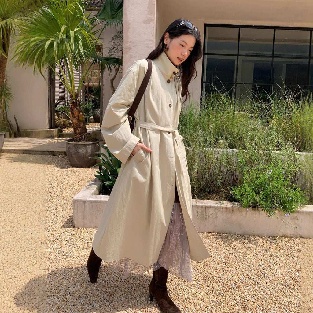 Autumn Korean British style strap waist stand-up collar long temperament trench coat