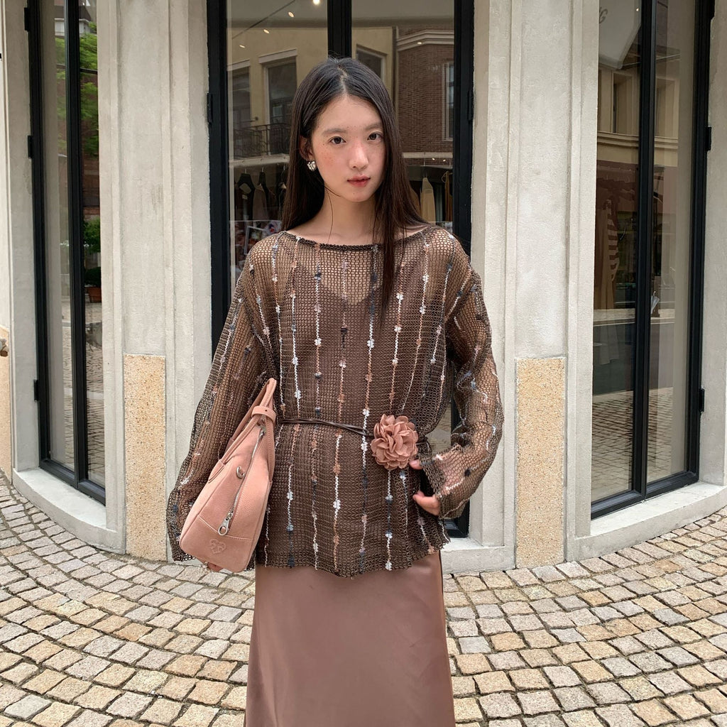 Women's Crew Neck Hollow-Out Knit Long Sleeve Loose Top