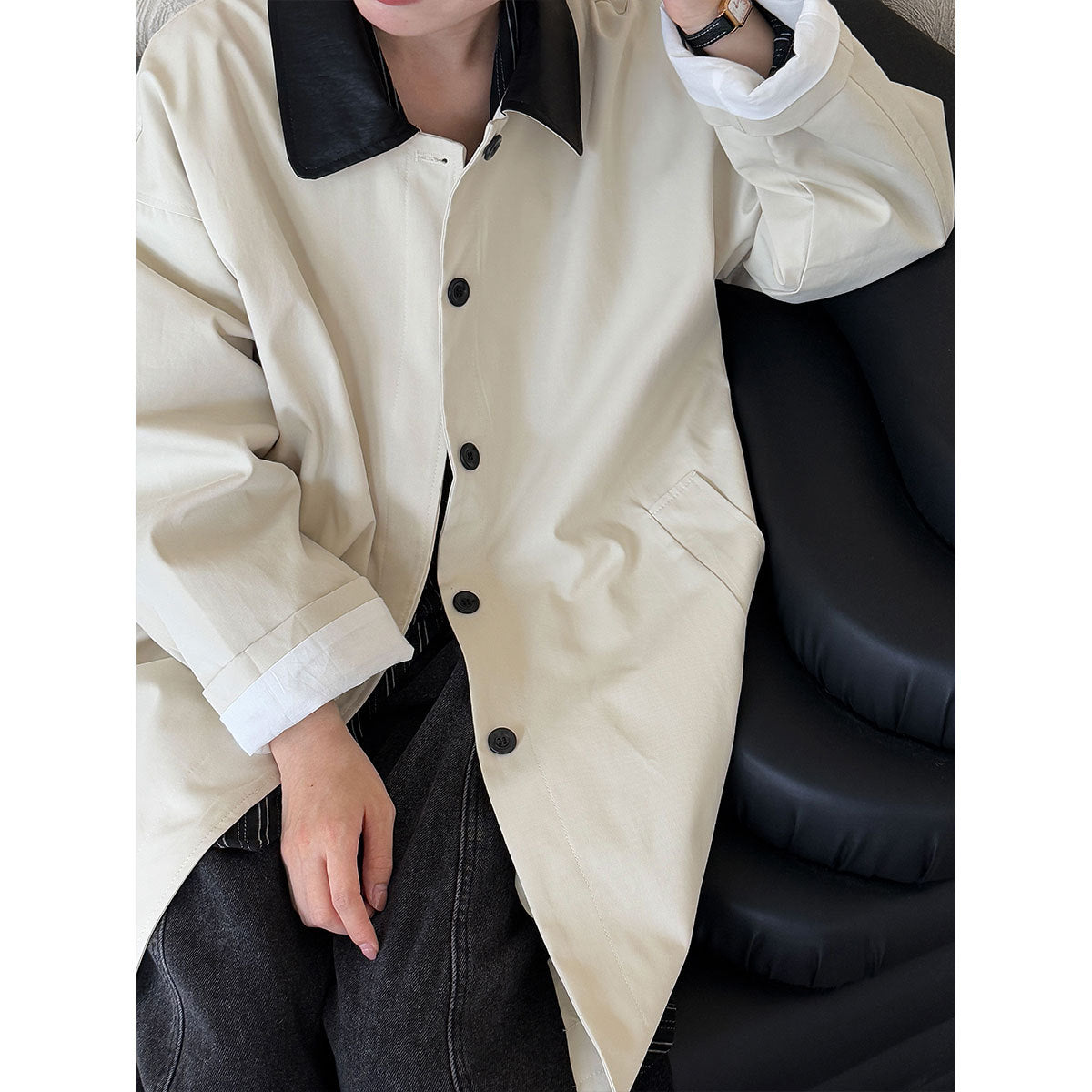 Korean silhouette medium and long contrasting color retro high-end coat autumn casual trench coat