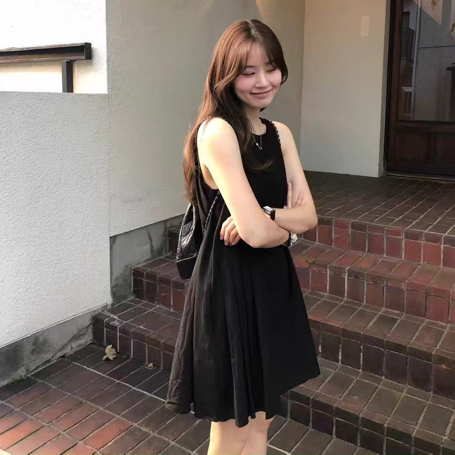 Sleeveless Dress Women Round Neck High Waist Solid Color Sundress