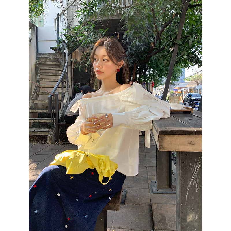 Early Spring French Coffee Break Beautiful Temperament Strap-on Shoulder Shirt
