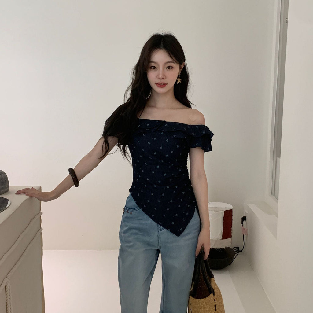Spice girl shoulder sexy waist thin denim shirt