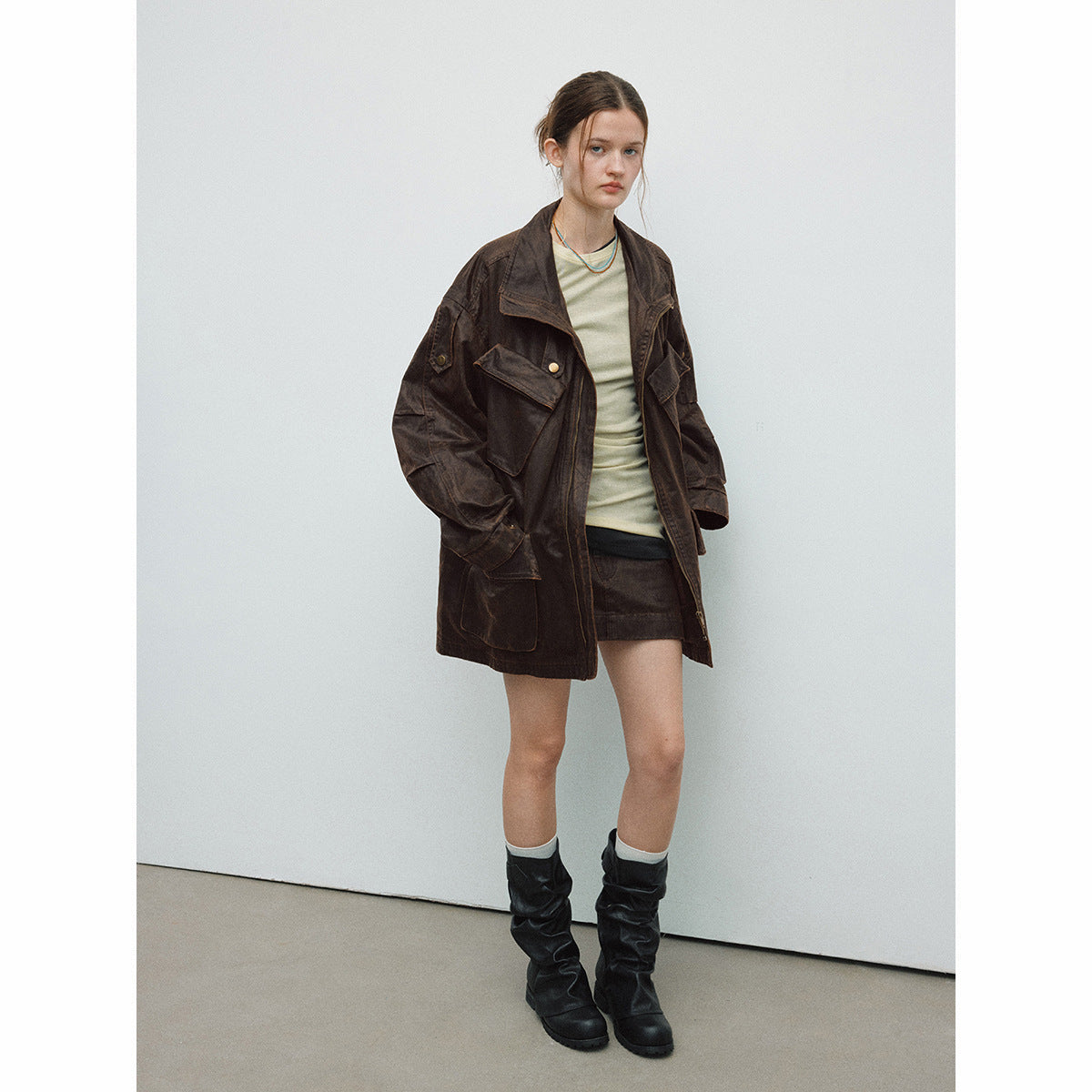 Spring new casual lapel retro old multi-pocket versatile long jacket