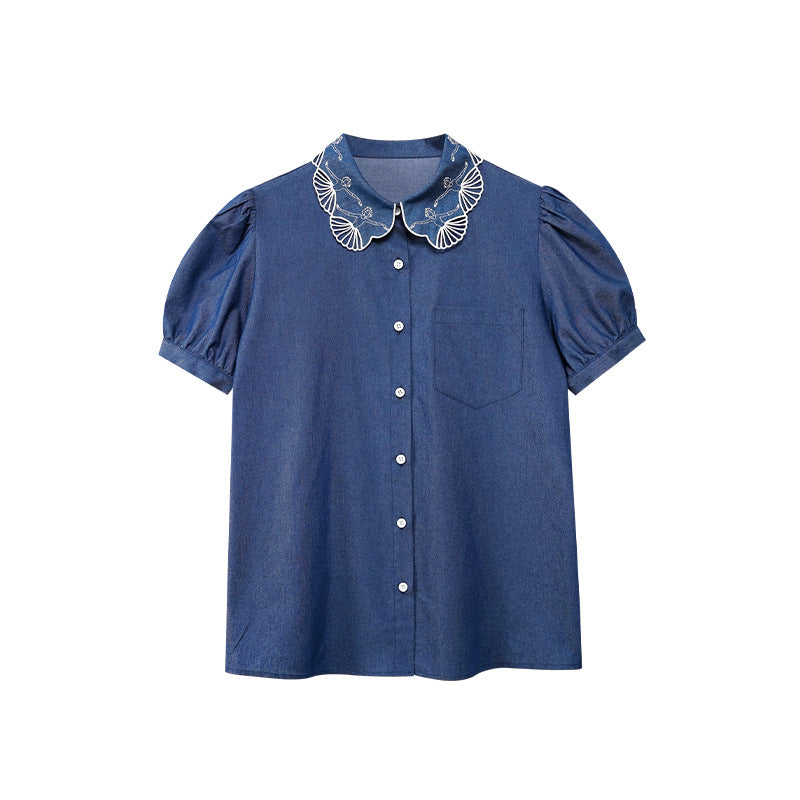Lace Doll Collar Denim Shirt