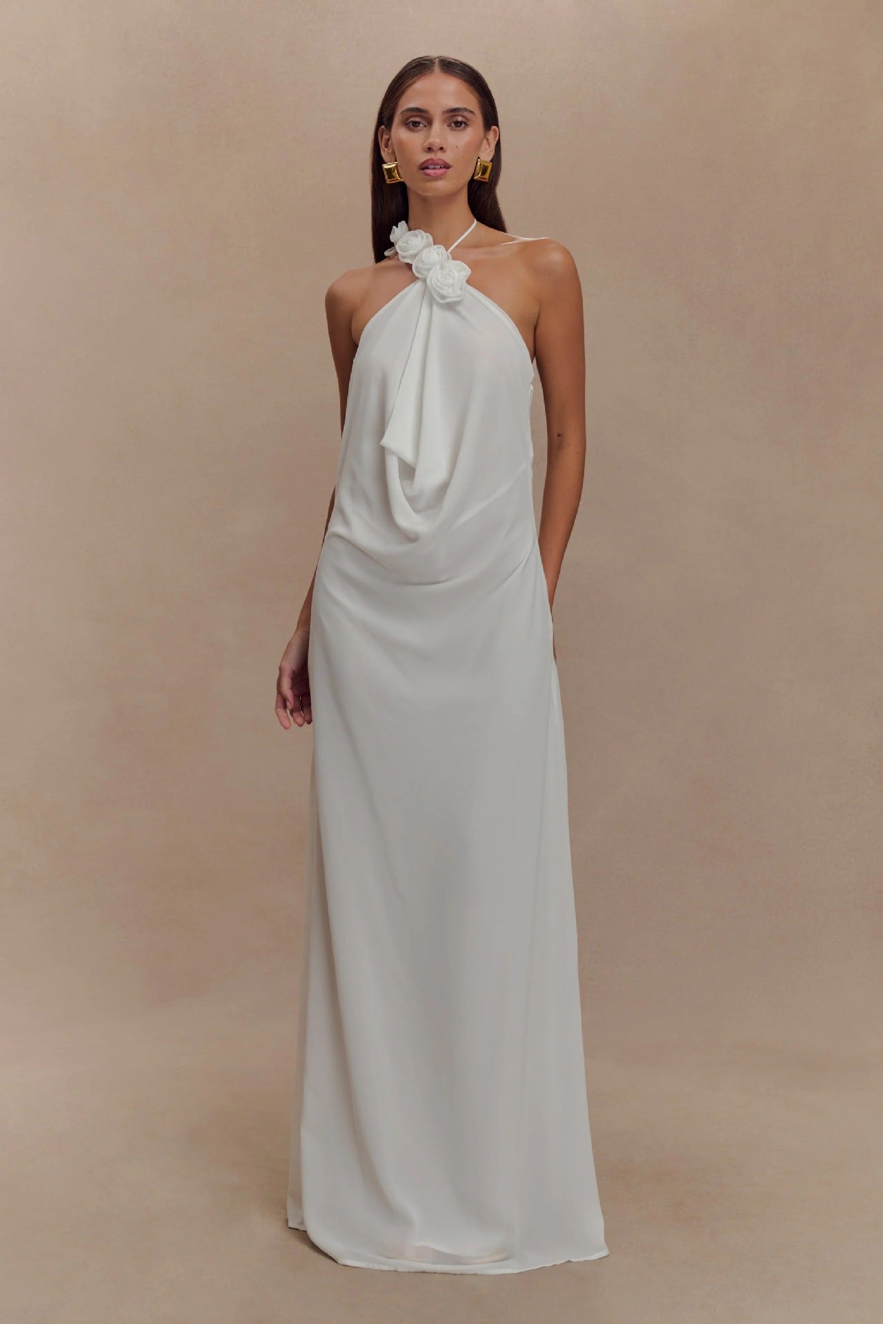 Sexy hanging cloth dress three-dimensional flower fashion off-the-shoulder long printed dress