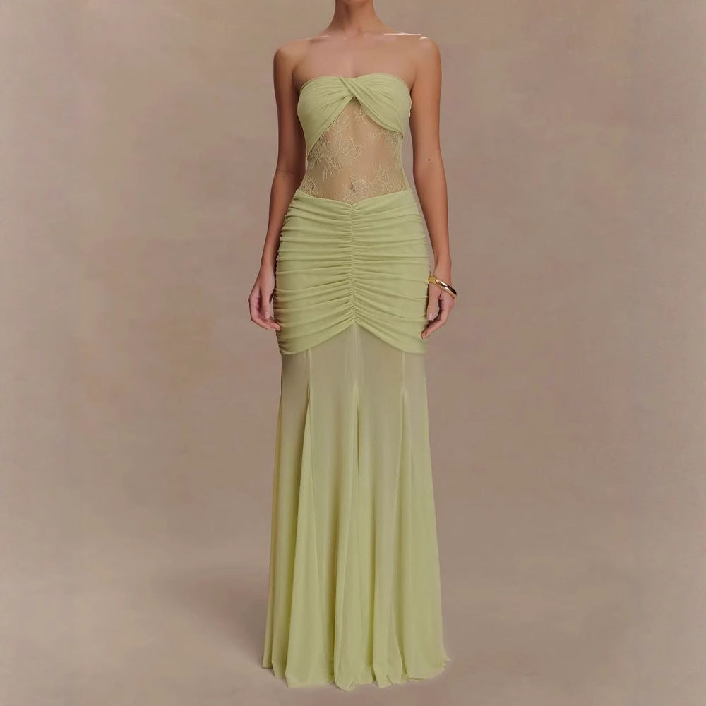 Women's sexy splicing lace dress socialite style gauze chiffon tube top long dress women