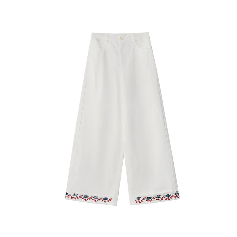 Straight trousers high waist embroidered hemmed slacks