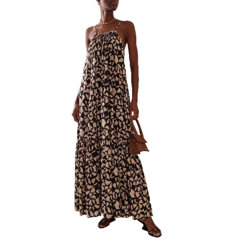Women's Fashion Printed Long Dress Loose Halter Holiday Style Sexy Suspender Dress