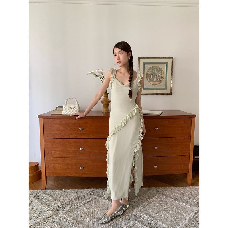 Ruffle Trim U-Neck High Waist Split Maxi Dress