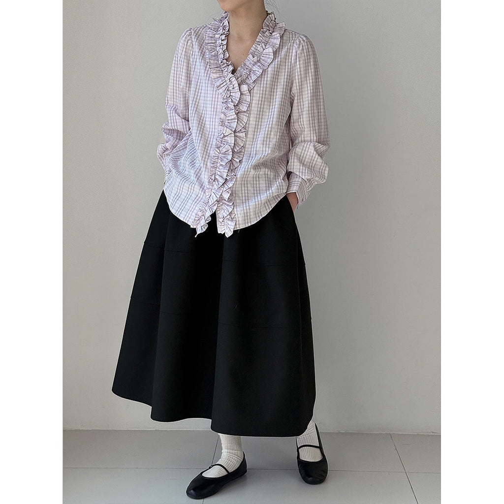 Gentle wind fungus edge V-neck shirt women's spring Korean versatile plaid texture shirt
