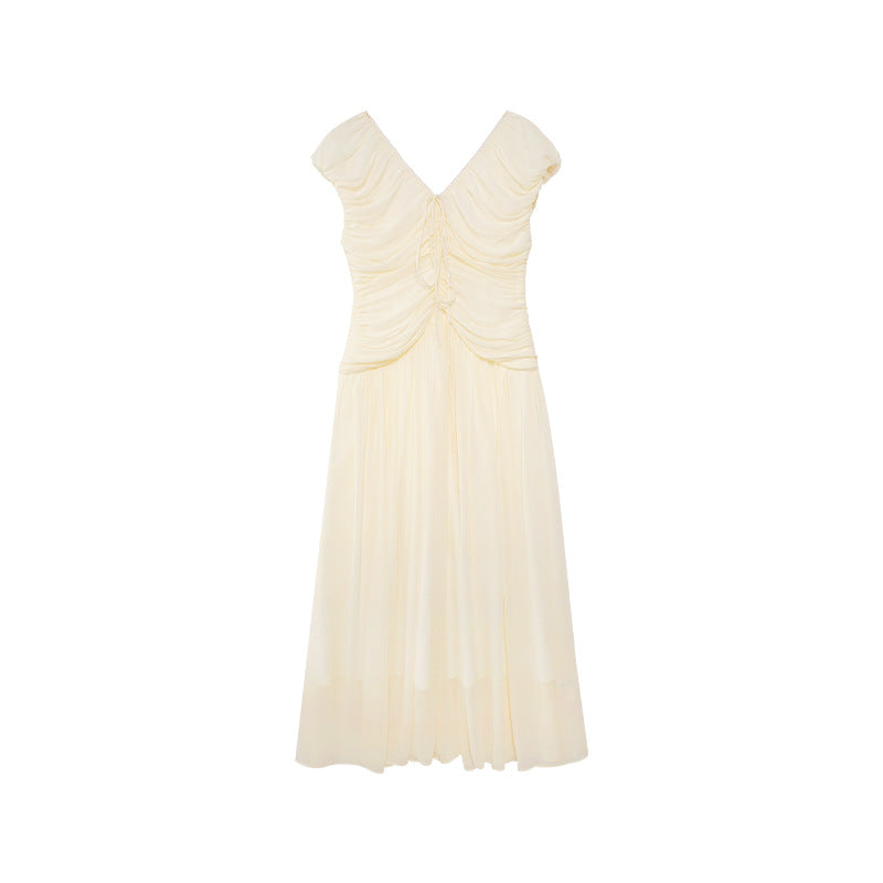 V-neck temperament waist pleated dress