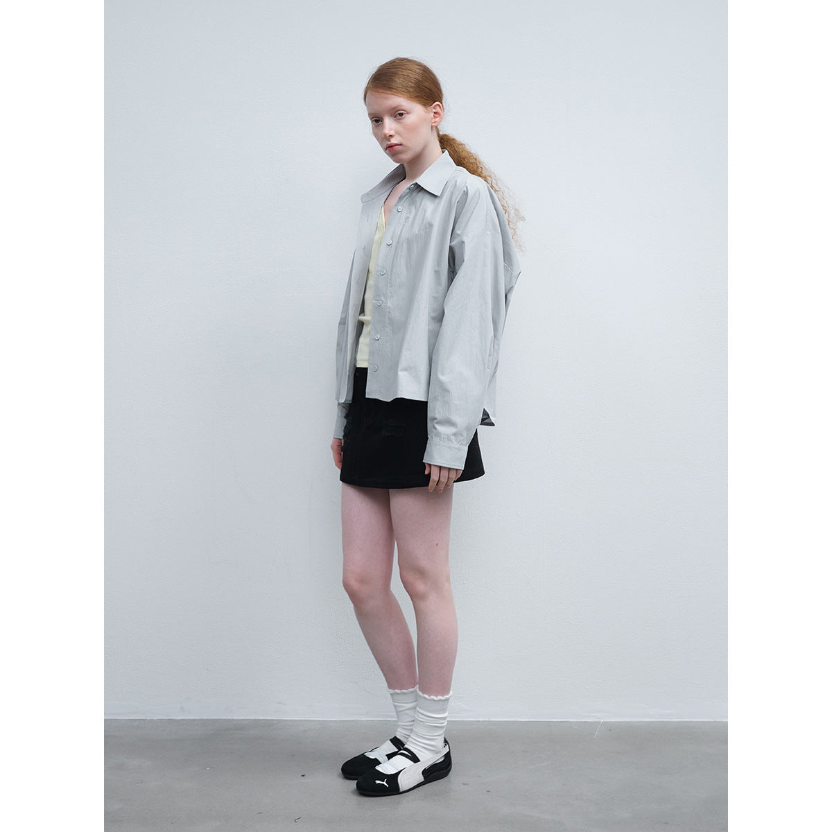 Spring new casual lapel solid color pure version basic triangular splicing short shirt
