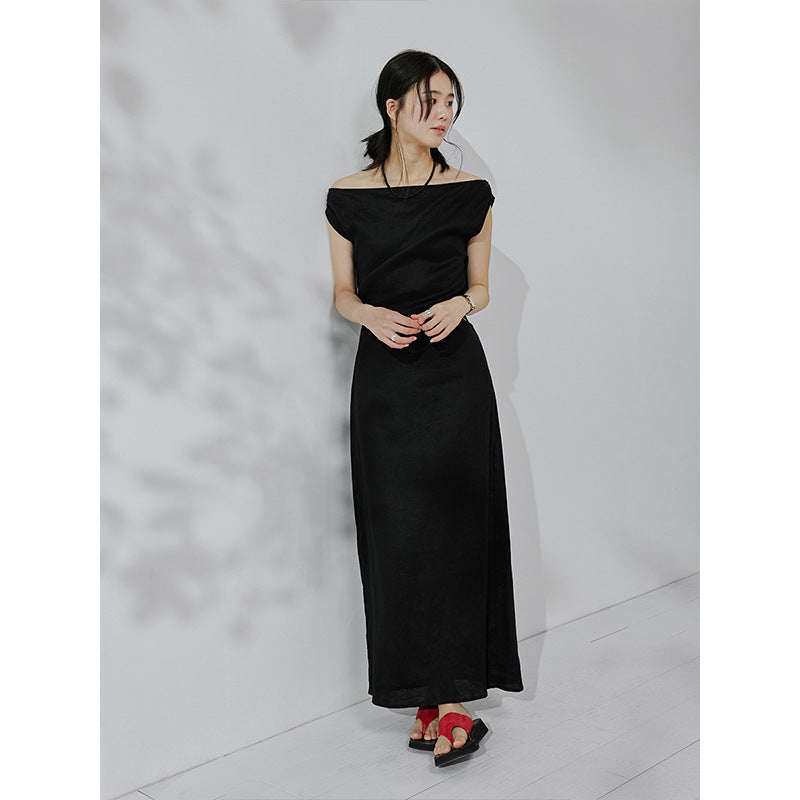 100% linen one-word shoulder dress elegant and thin summer dress