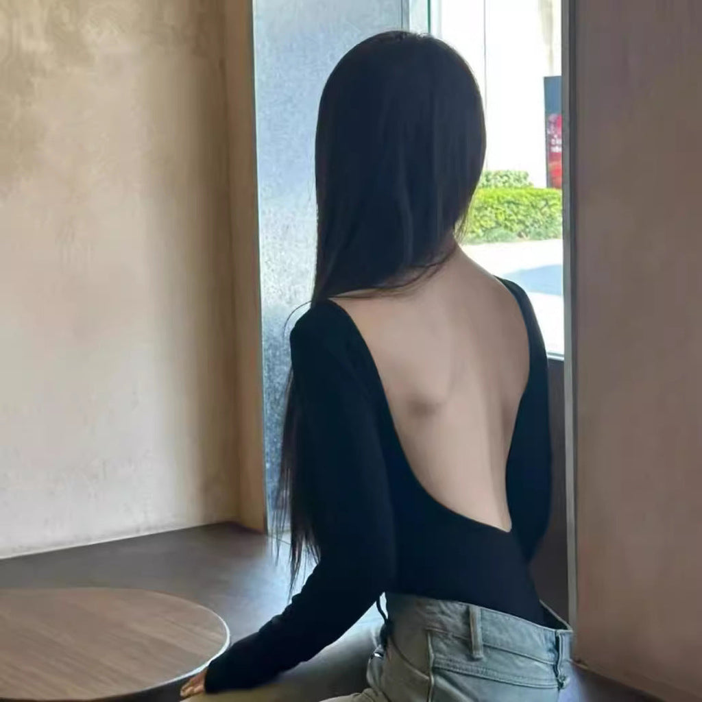 Backless Long Sleeve Top Women U-Neck Tight Fit with Chest Pad