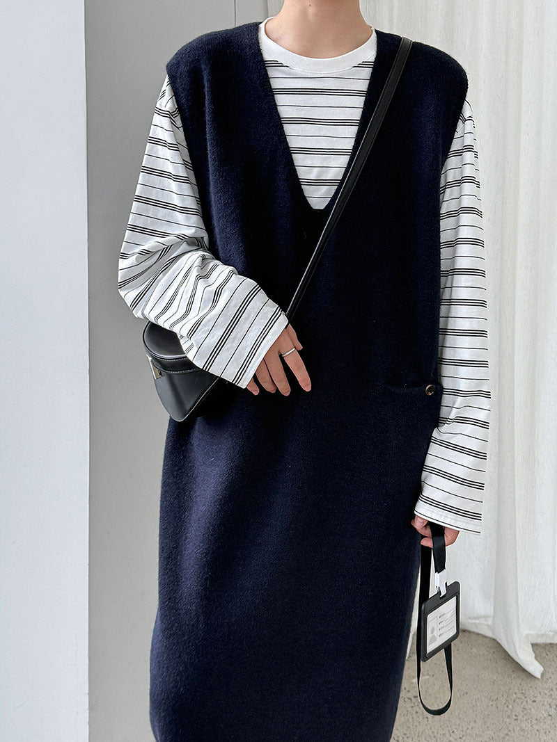 Korean design back button lazy knitted vest skirt women's autumn medium and long sweater skirt
