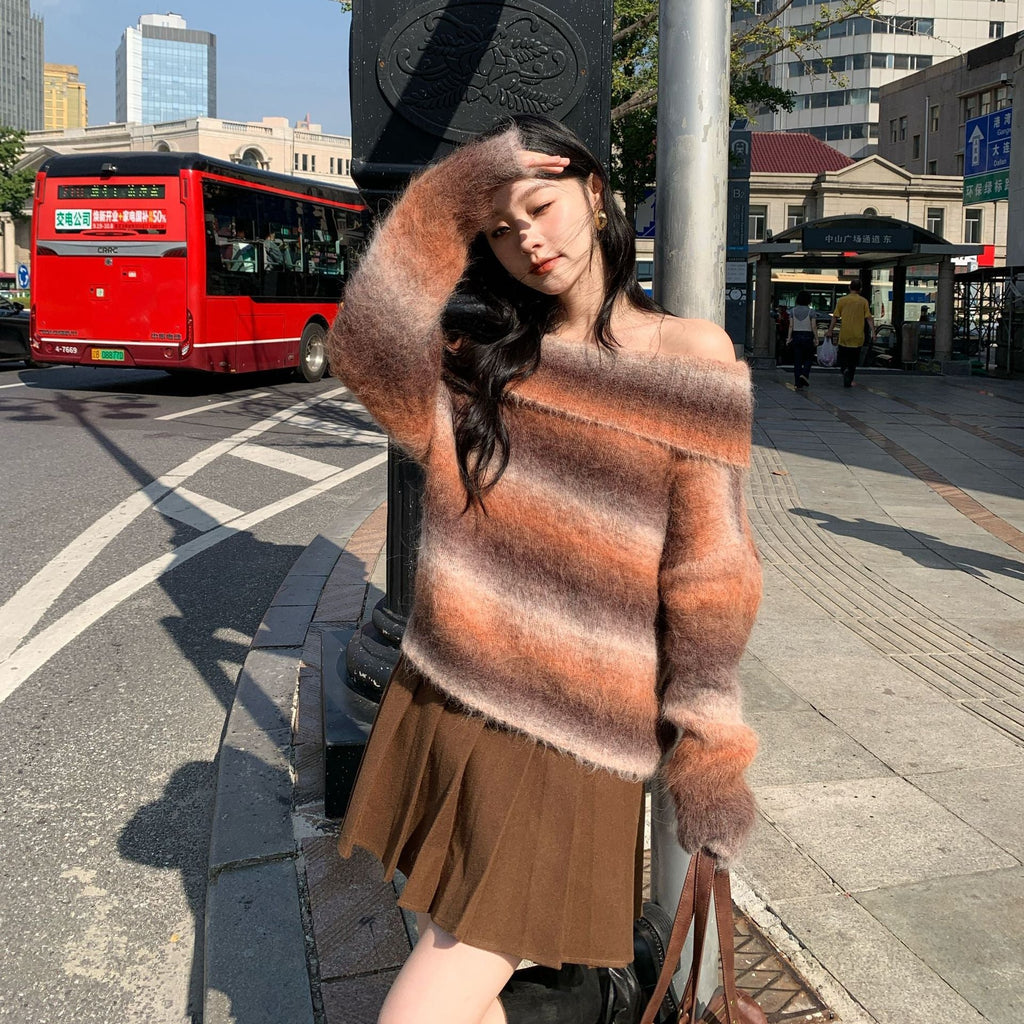 One-word shoulder striped plush soft waxy skin-friendly alpaca sweater women