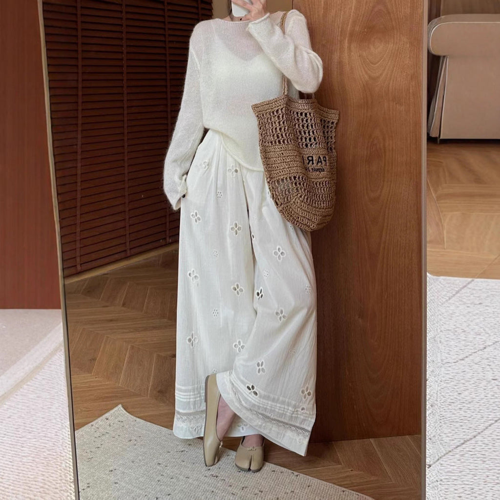 Simple daily sense hollow lace splicing loose fluttering casual sports wide-leg pants