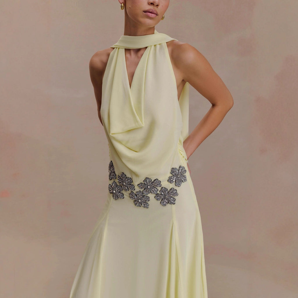 Fashion backless streamer neck dress