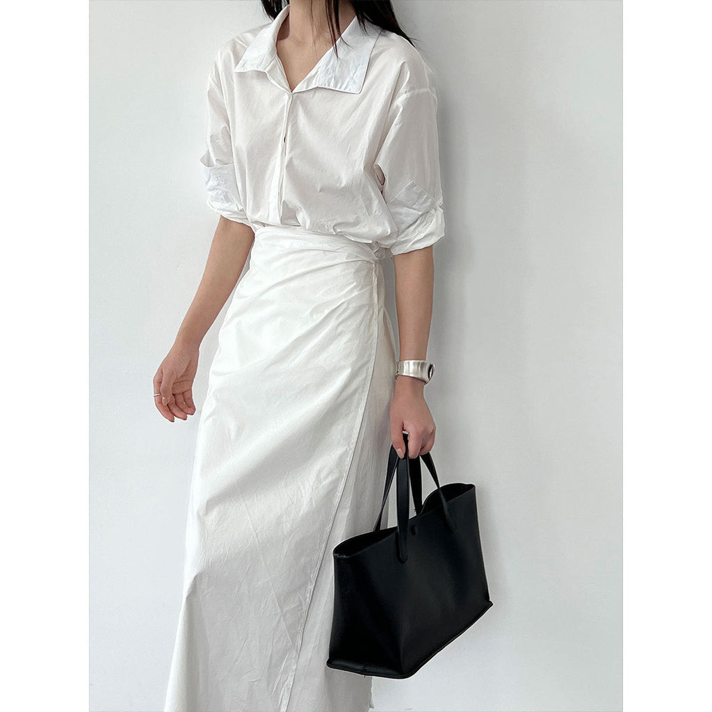 Korean version of the design sense lace-up V-neck waist dress women's summer new thin shirt long skirt