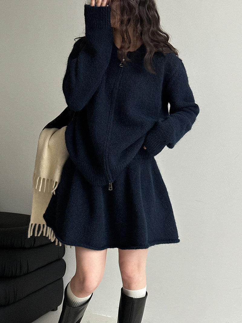 Korean soft waxy casual knitted sweater set for women's winter new curled A-word short skirt two-piece set