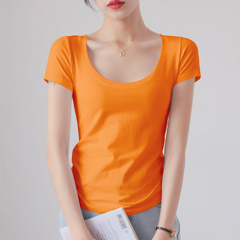 Round Neck Short Sleeve T-Shirt Women Slim Fit Cotton Base Layer Top