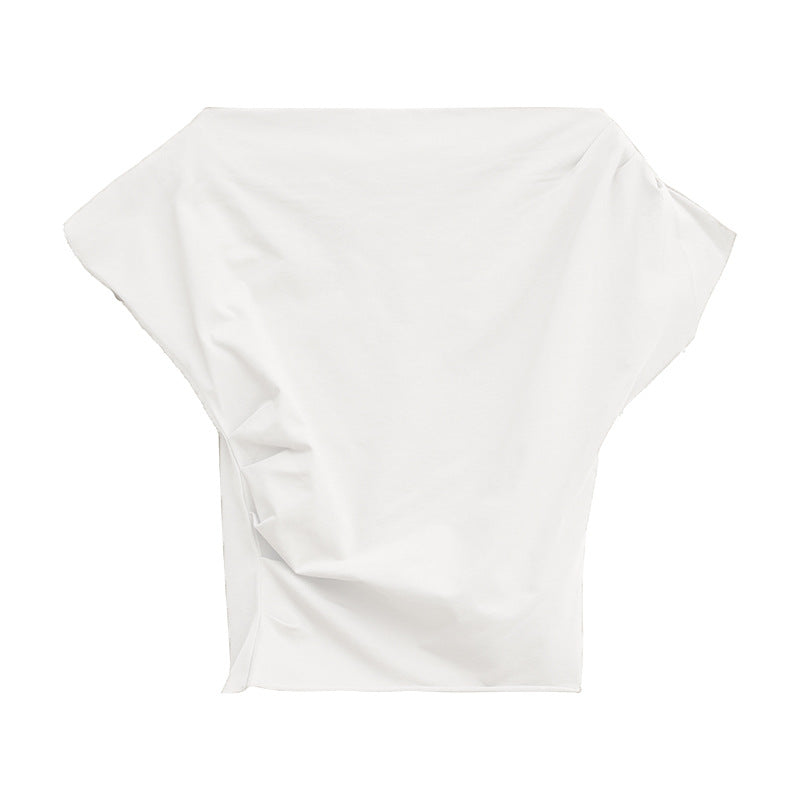 Slant shoulder three-dimensional pull-out pleated slim-fit design short-sleeved T-shirt women