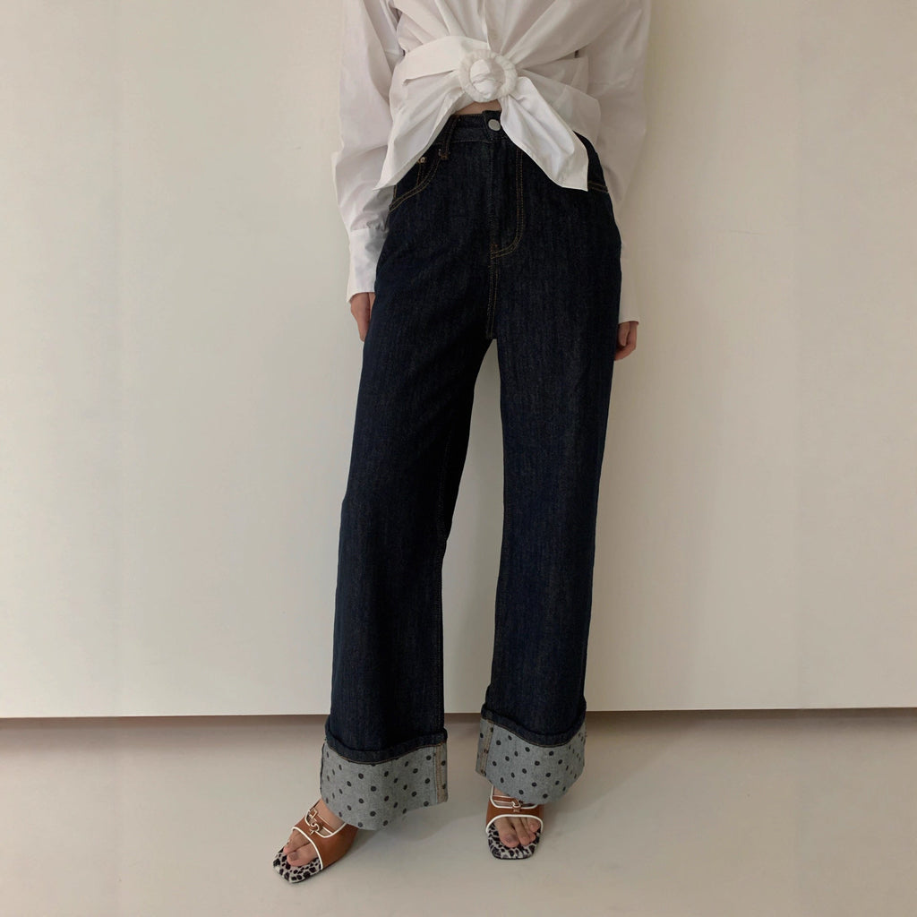 Versatile polyester cotton straight jeans women's curled design trousers