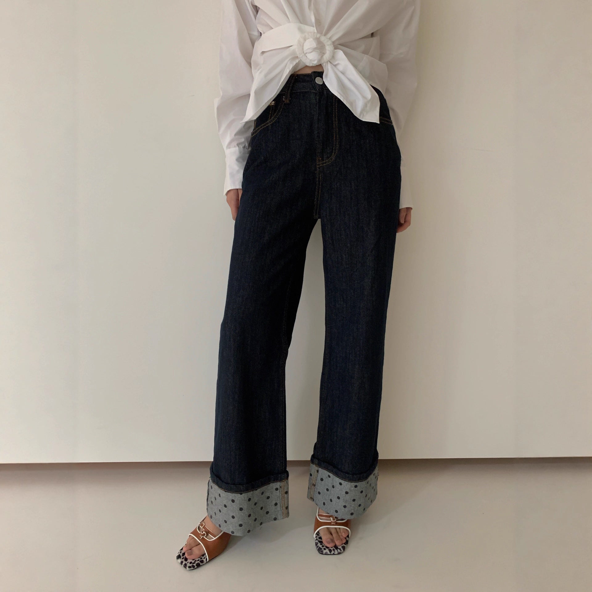 Versatile polyester cotton straight jeans women's curled design trousers