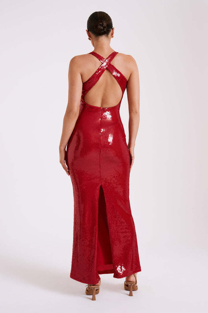 Hollow backless sexy red sequined split dress
