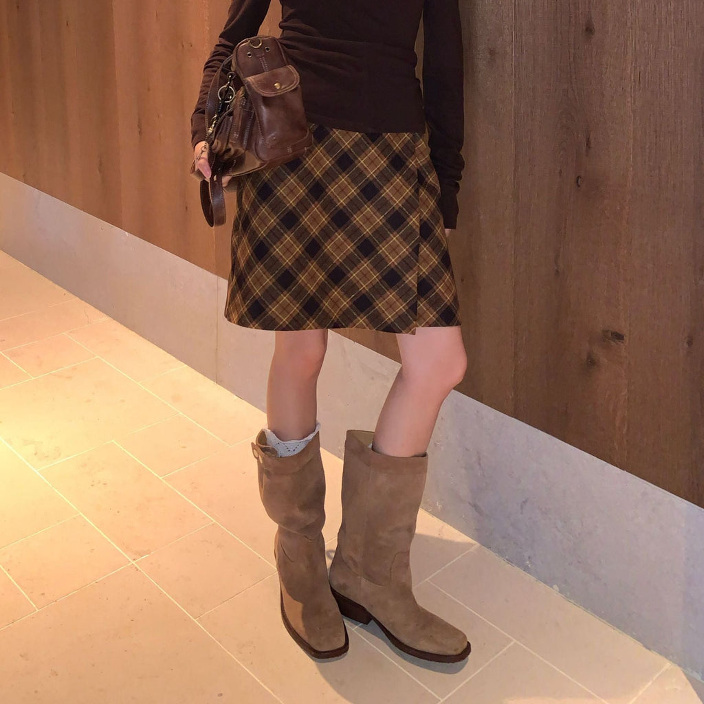 Hip Wrap Waist Buckle Design Plaid Coffee Skirt Women