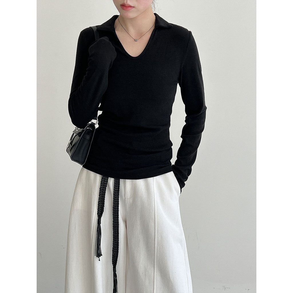 Simple design slim-fitting v-neck high-end sense thin bottoming shirt women's autumn new small lapel top