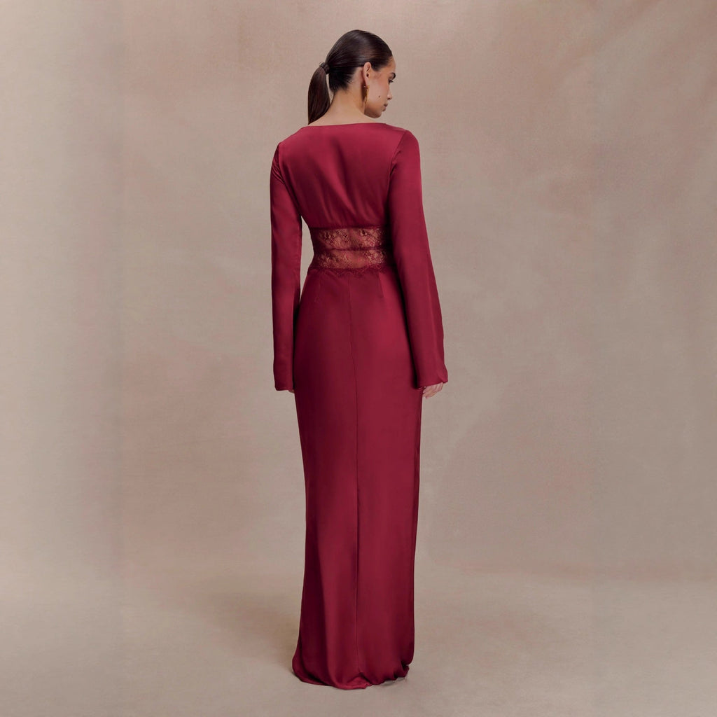 Lace splicing V-neck satin hip-wrapped dress Slim-fitting hollow sexy dress