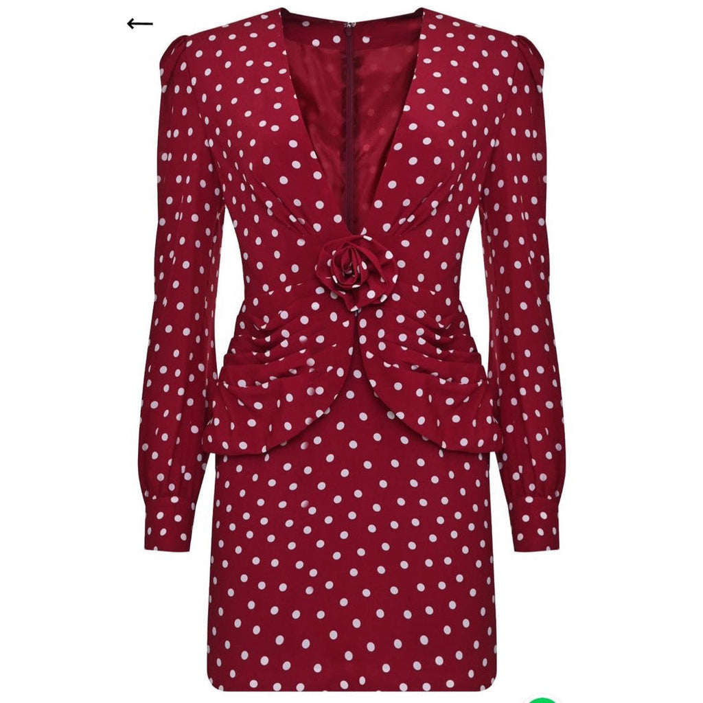 Fashion polka dot long-sleeved pleated top jacket skirt set two-piece set