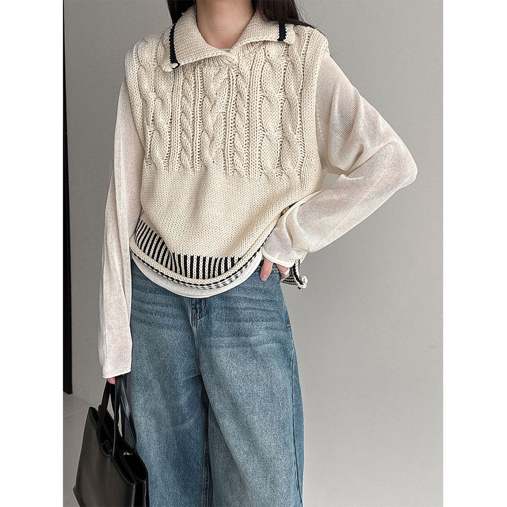 College style contrasting color lapel wool knitted vest women's 26 spring versatile stacked vest top