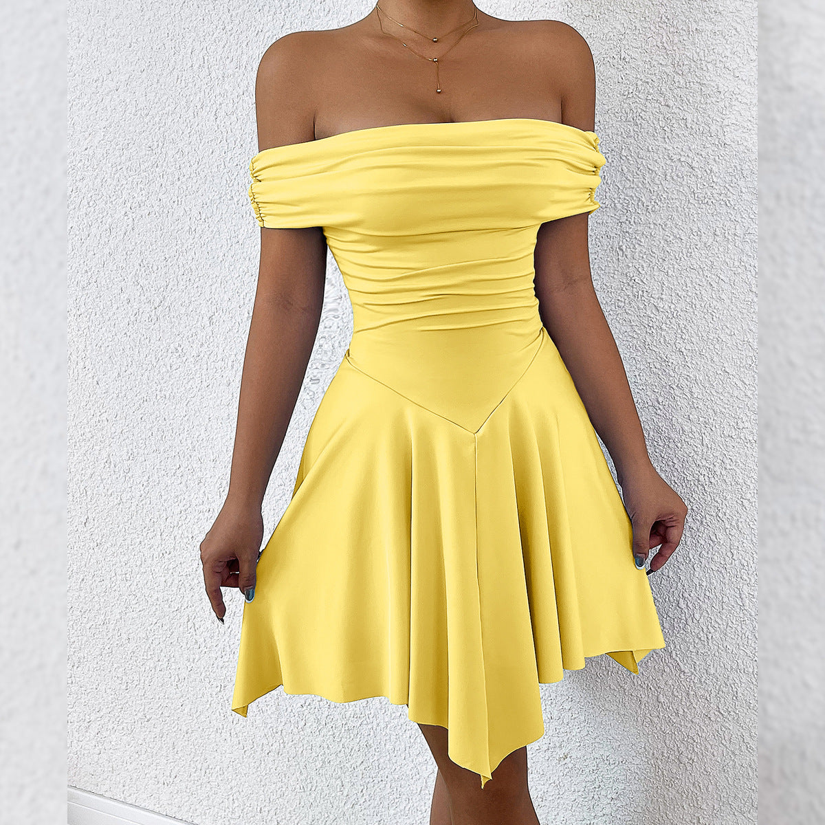 One-Shoulder Tube Top Dress Women Elastic Waist Irregular Hem Mini