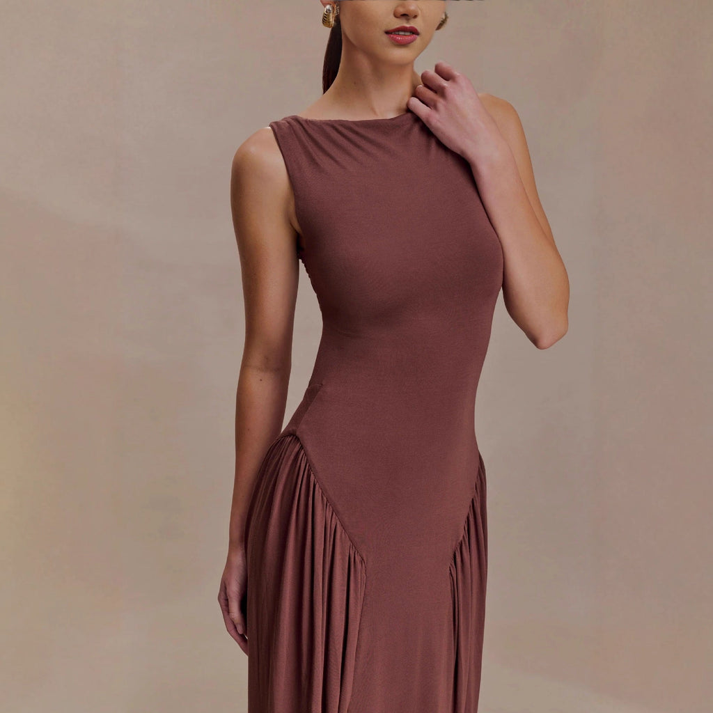 Fashion pleated hollow vest long dress slim-fitting backless sexy one-word neck dress